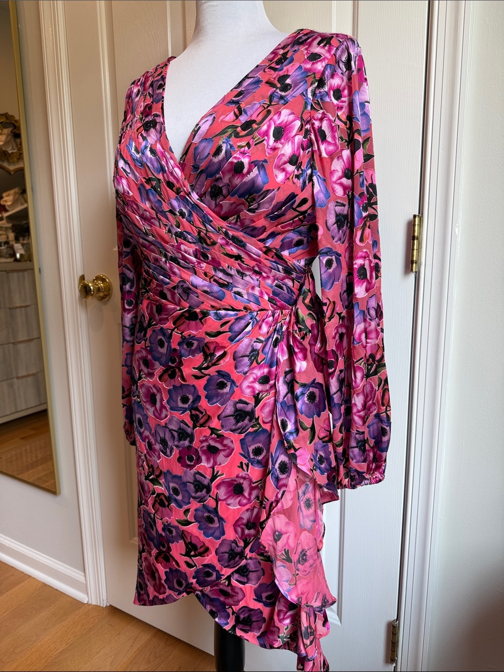 Theia Pink Floral Wrap-Front Long Sleeve Dress with Purple Blooms - Picture 3 of 8